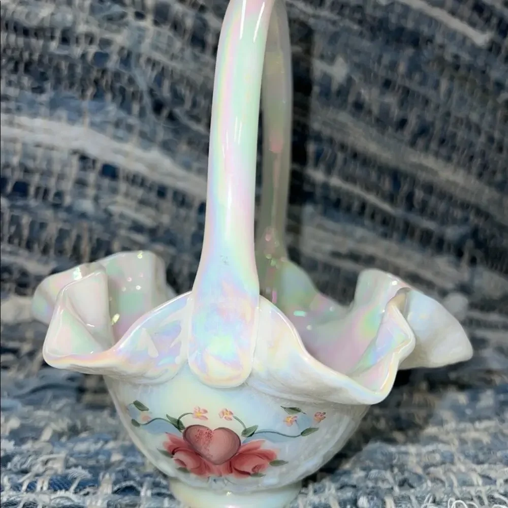 Fenton Hand painted Basket w/Handle Opalescent Signed by Artist